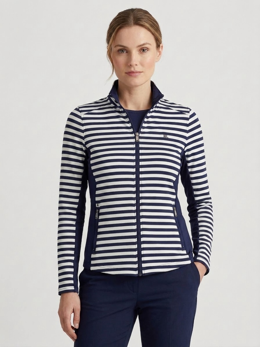 Lauren Ralph Lauren Striped Full Zip Jacket Mock Neck Long Sleeve Activewear
